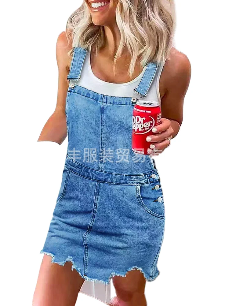 

New Fashion Women's Casual Trendy Washed Solid Color Jeans Overalls Skirts American High Street Denim Skirts Female