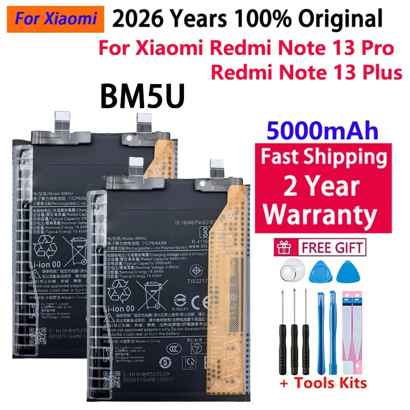 BM5U 5000 mAh 100 % Original-Akku für Xiaomi Redmi Note 13 Pro Plus / Note 13 Pro+ Telefonbatterien + kostenlose Werkzeuge