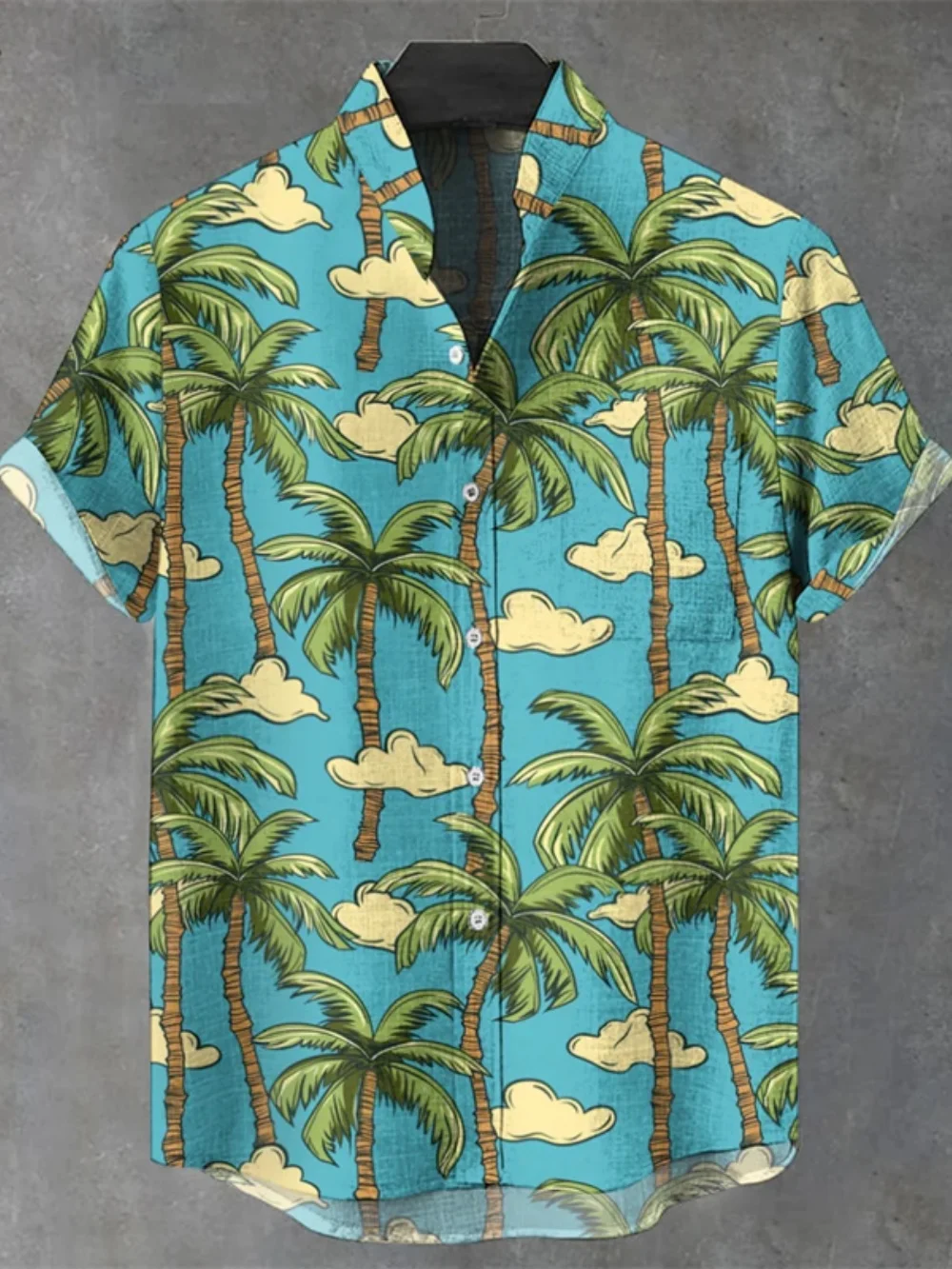 

Men's Short Sleeved Linen Shirt, Coconut Tree Printed, Fashionable Stand Up Collar, Button Up Shirt, Casual Party Shirt, Summer