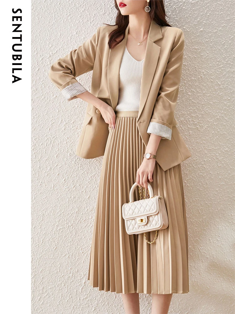 

SENTUBILA Women's Blazer Skirt Two Piece Set 2024 Autumn Double-breasted Lapel Jacket Pleated Skirts Office Lady Suit 123Z43884X