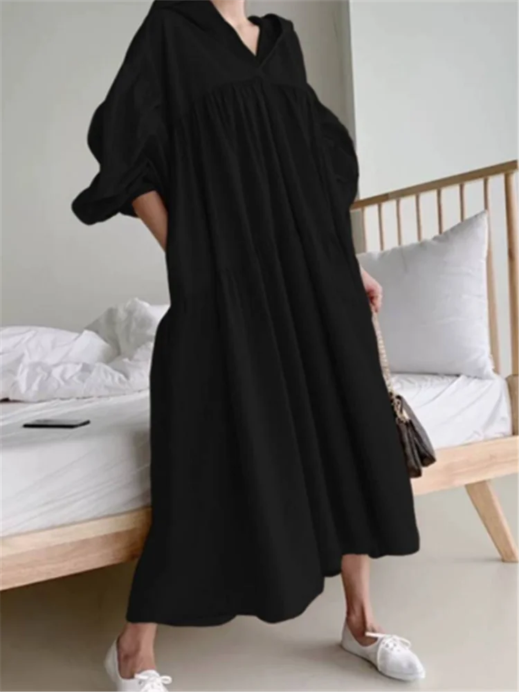 REALEFT 2023 New Hooded Oversize Women's Shirts Dresses Puff Sleeve Solid Casual Loose Straight Long Dress Female Spring Autumn