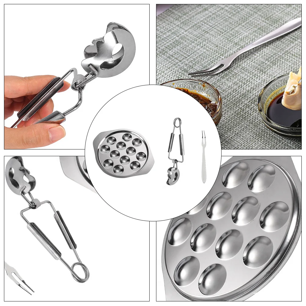 

1 Set Stainless Steel Snail Plate 12 Holes Conch Fork Escargot Dish Kitchen Tool Baking Tray Seafood Separate Food Clip