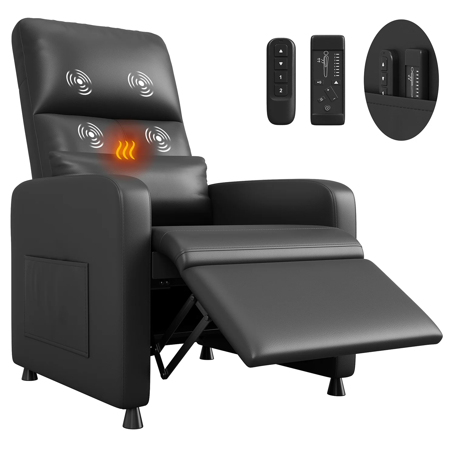 Sillón Reclinable Eléctrico con Calor y Masaje, Sofá Individual de Cuero PU con Asiento Acolchado y 2 Bolsillos Laterales para Sala de Estar