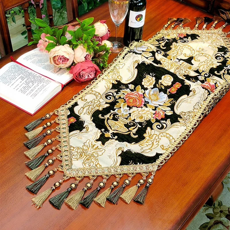 Black Gold Table Runner Classic European Tassel Coffee Table Runner Home Retro Chenille Jacquard Long Strip Dinging Table Cover