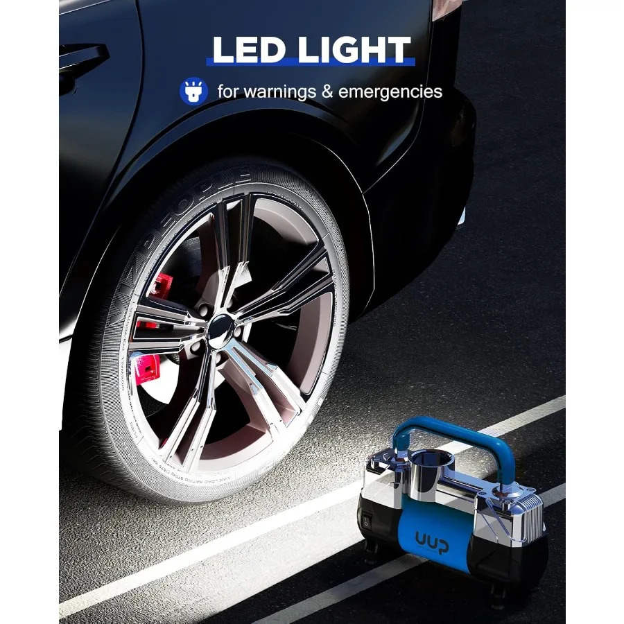 مضخة هواء محمولة شديدة التحمل مع ضوء LED للطوارئ لشاحنة SUV سيارة RV 150PSI 12 فولت تيار مستمر اسطوانات مزدوجة منفاخ لإطارات السيارة كوم