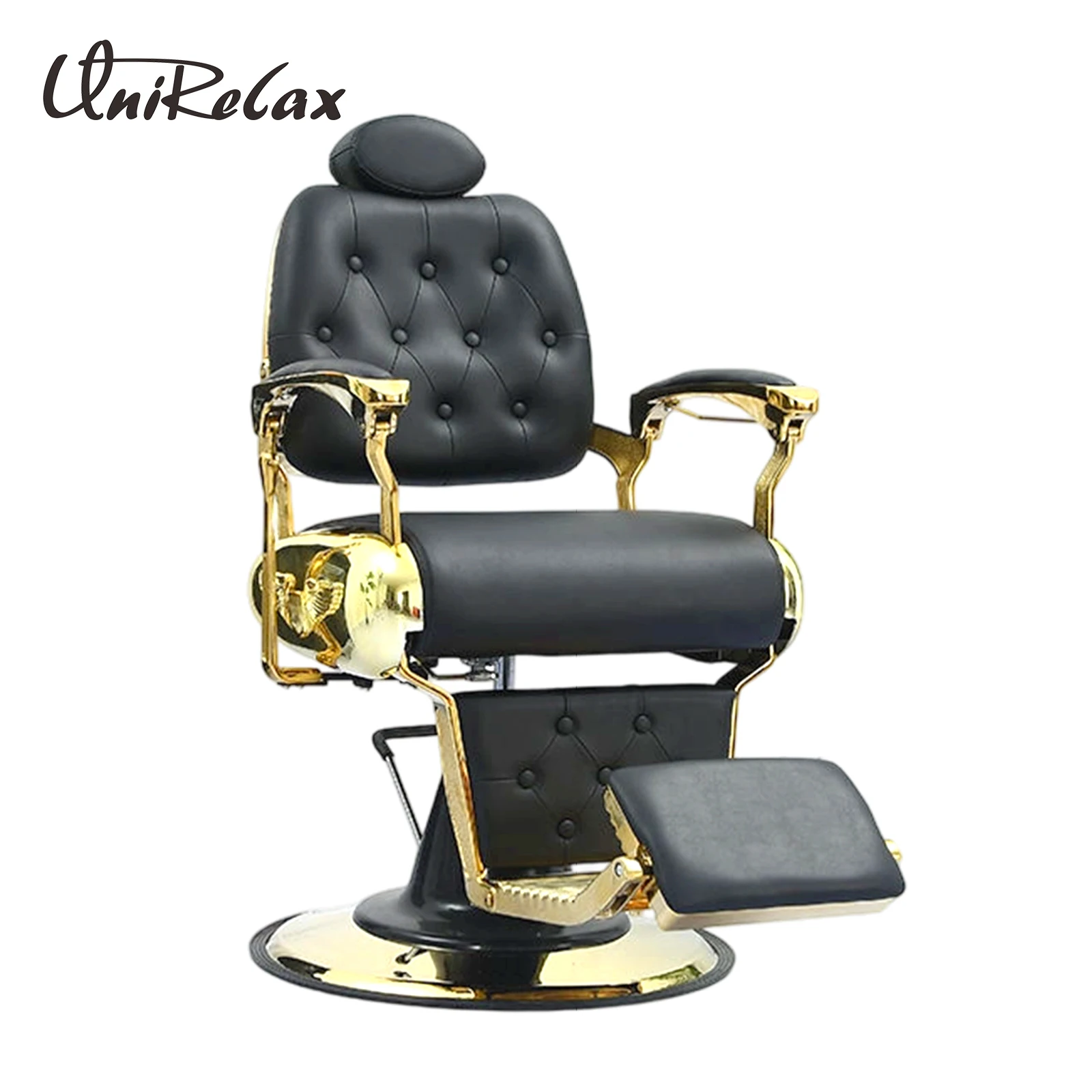 Antique Style Black Gold Barber Shop Styling Shaving Chair Hydraulic Pump Round Base Salon Bed