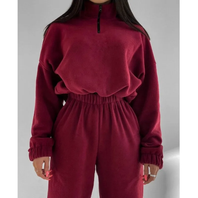 2024 Women Fleece Suit Loose Long Sleeve Sweatshirt and High Waist Trousers 2 Pieces Set Female Fashion Winter Warm Tracksuit