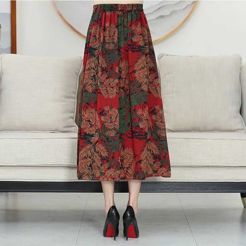 New arrival natural silk loose print long skirt,100% gambiered Guangdong silk skirts for women,elastic waist pleated skirt