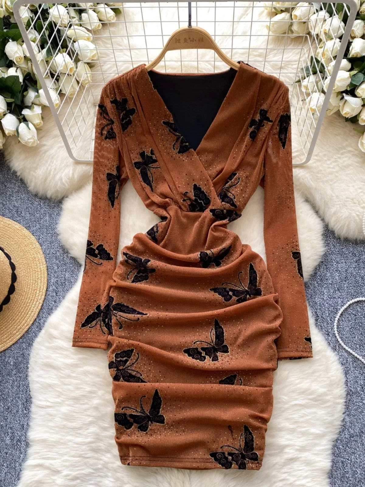 Foamlina Women's Daily Wear Slim Fit Long Sleeve Autumn Dress 2024 New Light Mature Wind Butterfly Print Bodycon Bottom Dress