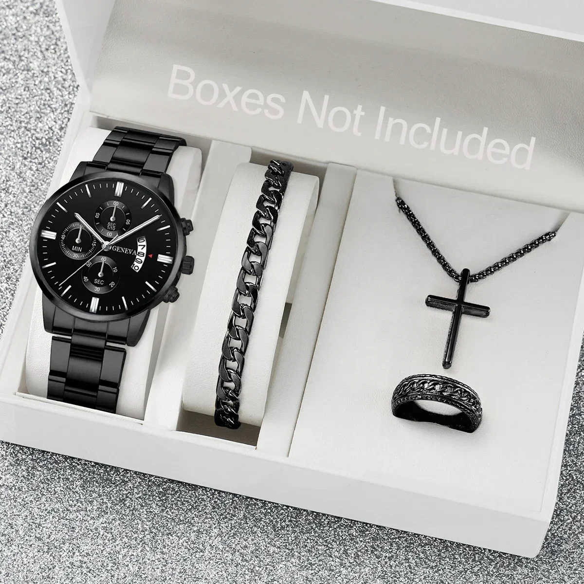 Relógio de quartzo de aço preto masculino com calendário, conjunto de joias masculinas, moda, negócio, sem caixa