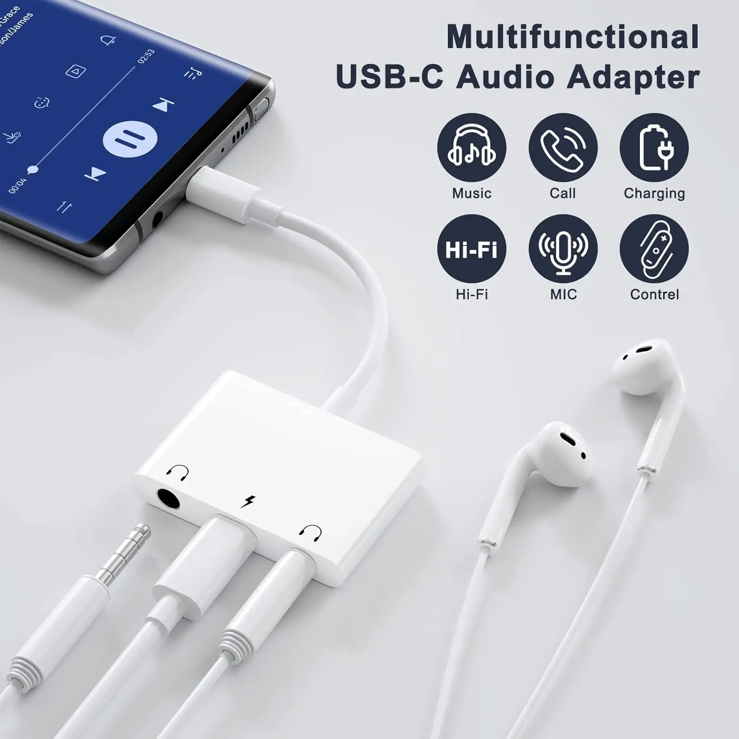 محول سماعة رأس لجهاز iPad، مقسم مقبس 3 في 1 USB C إلى 3.5 ملم مع شحن سريع 60 وات، متوافق مع S24/23 Ultra