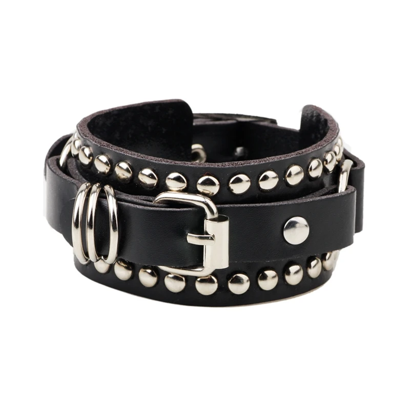 Punk Bracelet for Men Women Goth Black Leather Wristband with Metal Studded- Rivets Cuff Bangle Adjustable