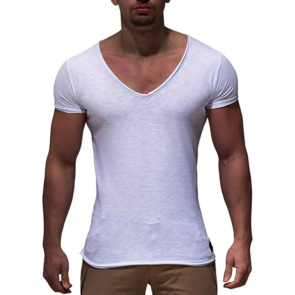 

Solid Color Men Short Sleeve Tee Soft Slim Fit V Neck Men's Summer T-shirt Breathable Mid Length Elastic Casual Pullover Sport