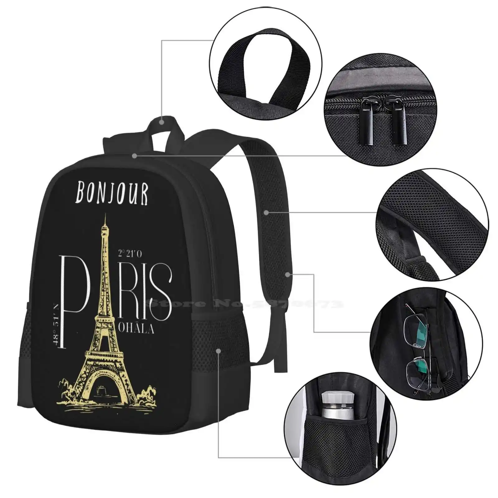 Mochilas escolares blancas de París, mochila para portátil de viaje, Torre Eiffel de París, estilo de vida fresco