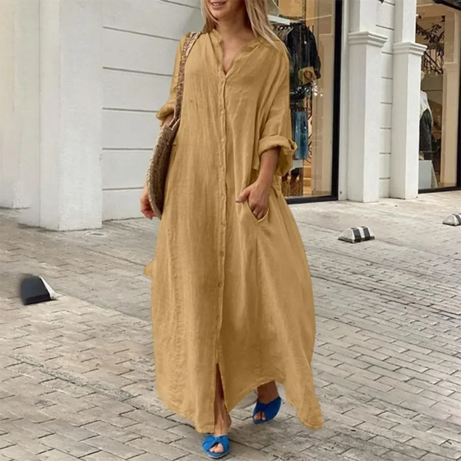 2024 Women‘s Autumn Cotton Linen Long Dress White Long Sleeve Oversize Shirt Dresses Female Casual Fashion Loose Clothing Ladies