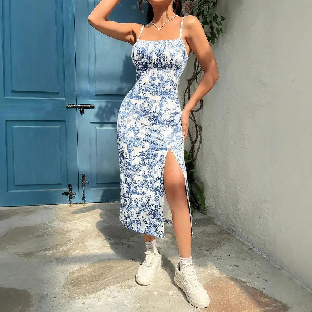 Printemps été nouveau Sexy Slim Fit femmes Dr avec fente bretelles longue robe décontracté Sle taille moyenne t-shirt acétate Fiber 00%