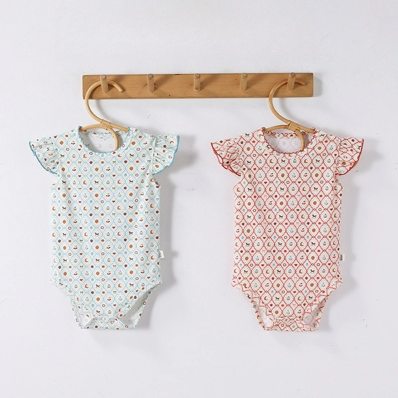 New Summer Infant Baby Girls Cotton Print Flying Sleeve Bodysuit Jumpsuit Toddler Outfit Comfortable Breathable Daily Wear