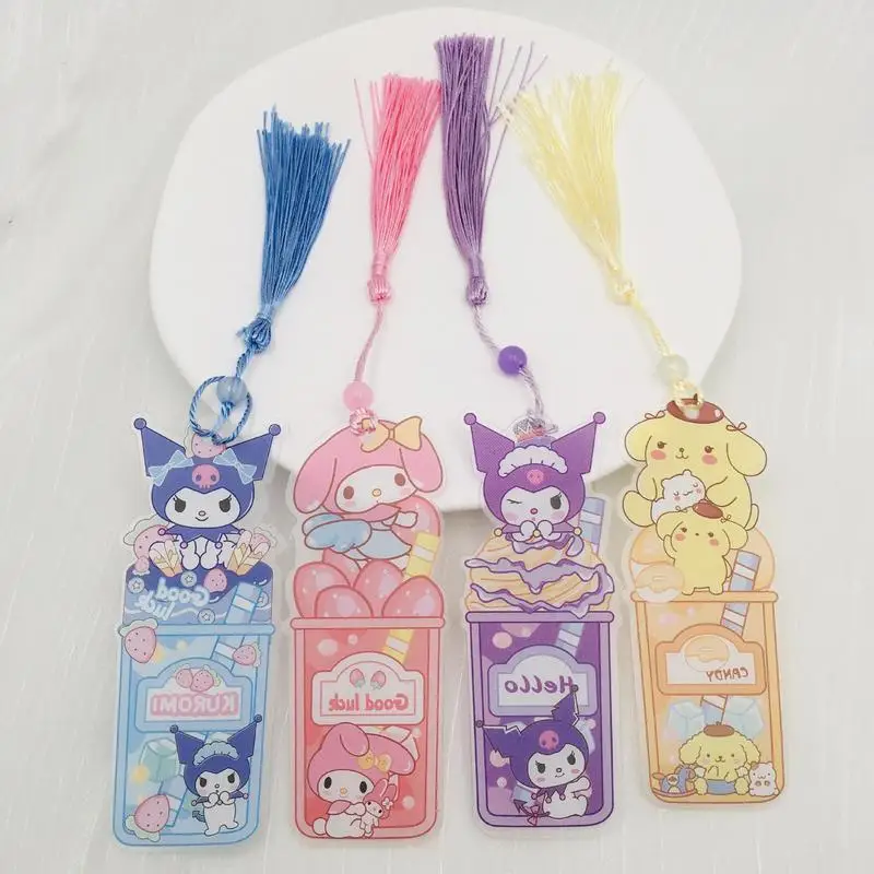 32pcs Sanrio Cartoon Bookmark Cinnamoroll Kuromi Melody Pompompurin Transparent Frosted Pp Tassel Bookmark Stationery Wholesale