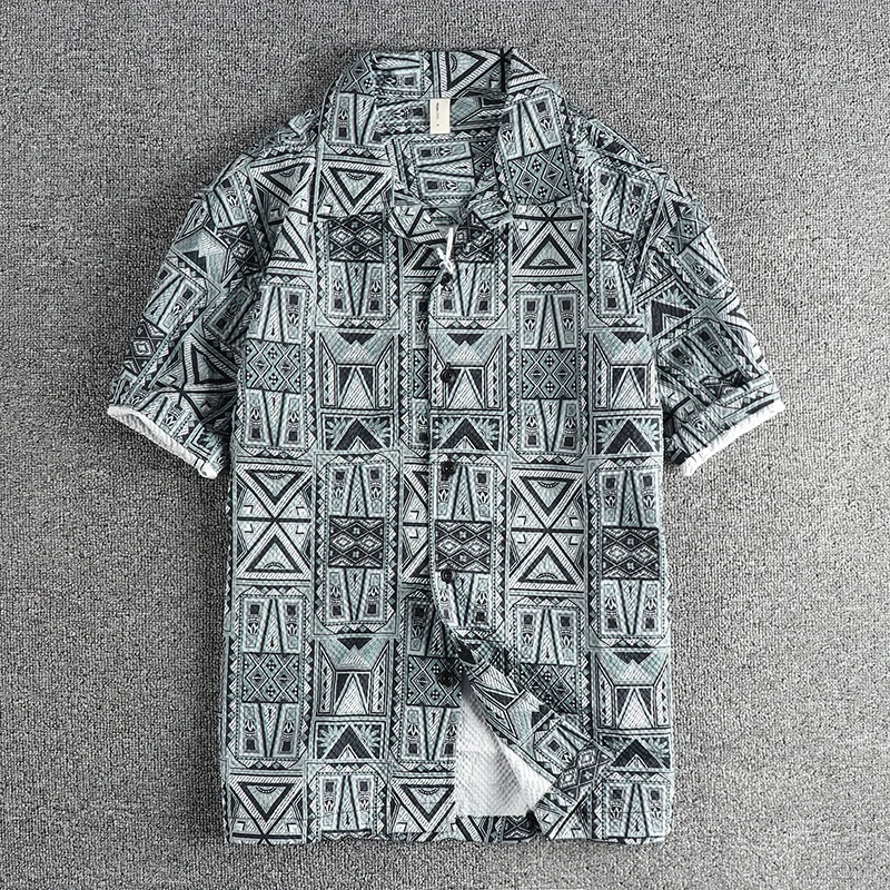 

Summer New American Retro Short Sleeve Cuban Collar Hawaiian Printed Shirt Men's Ethnic Style Seaside Beach Loose Casual Blouses