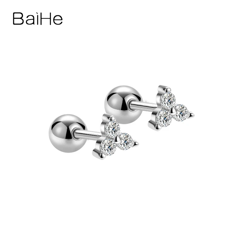 BAIHE Solid 14K White/Yellow/Rose Gold moissanite Three-Star Stud earrings for women men Trendy Daily wear Fine Jewelry الأقراط