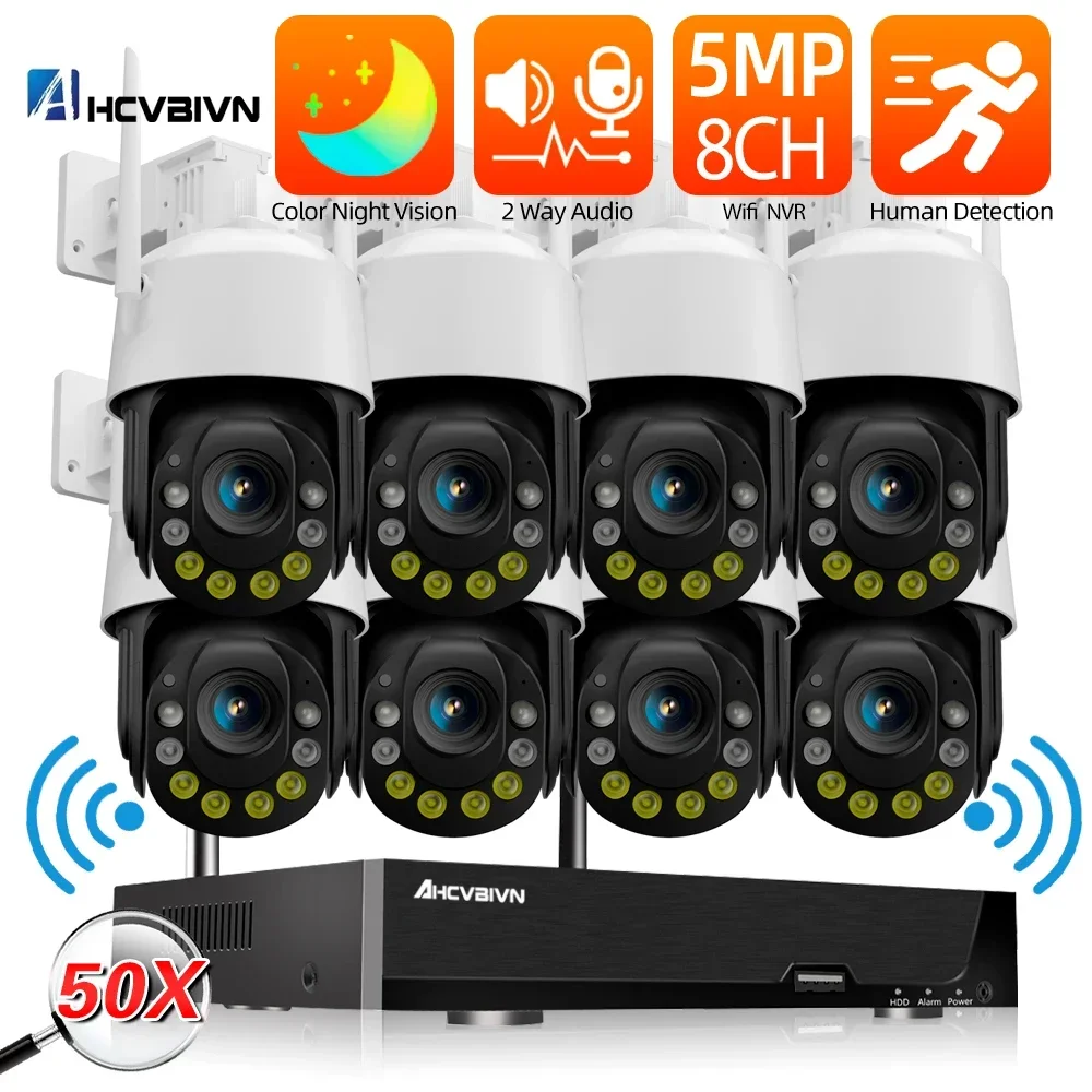 

50X Zoom 5MP Wifi PTZ Security Camera System Kit Outdoor 8CH Wifi NVR Kit Human Detection Wireless CCTV Video Surveillance Kit