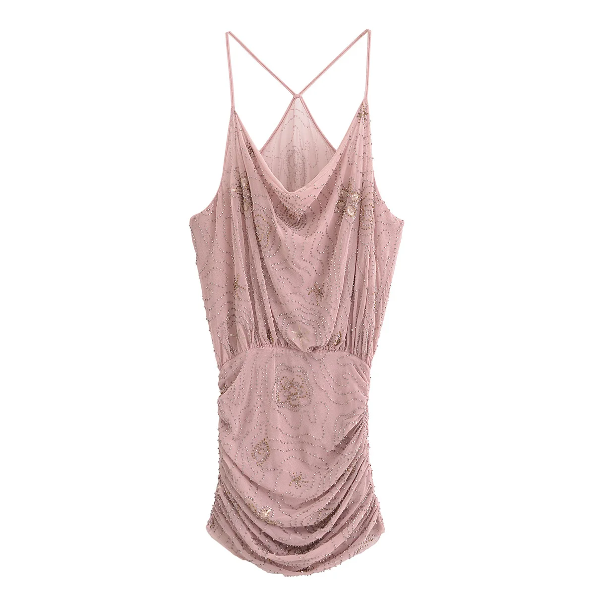 

Women's Summer New Fashion Printed Bead Decoration Slim Pleated suspender Mini Dress Retro Sleeveless backless Women's Dress