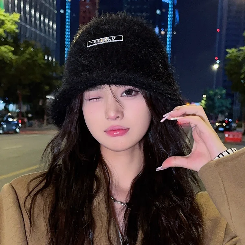 Rabbit Hair Bucket Hat Female Hairy Fisherman Korean Style Warm Fall Winter Show Face Small Pot Winter Plush Hats Female