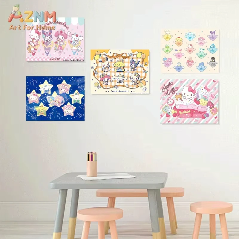 AZNM Sanrio Canvas Wall Art Unframed Canvas Painting Cute Hello Kitty Kuromi My Melody Cinnamoroll Poster for Girls Bedroo