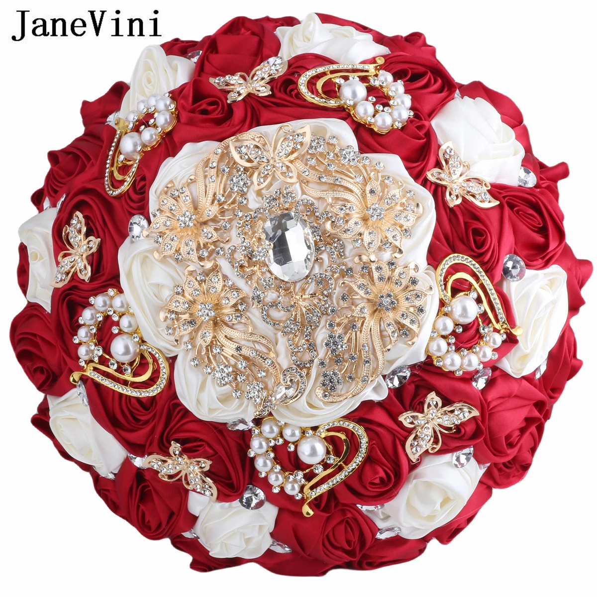 

JaneVini 2024 Luxury Burgundy Bridal Fake Flower Bouquet Ribbon Crystal Gemstone Bridesmaid Bride Wedding Bouquets Ramos De Boda