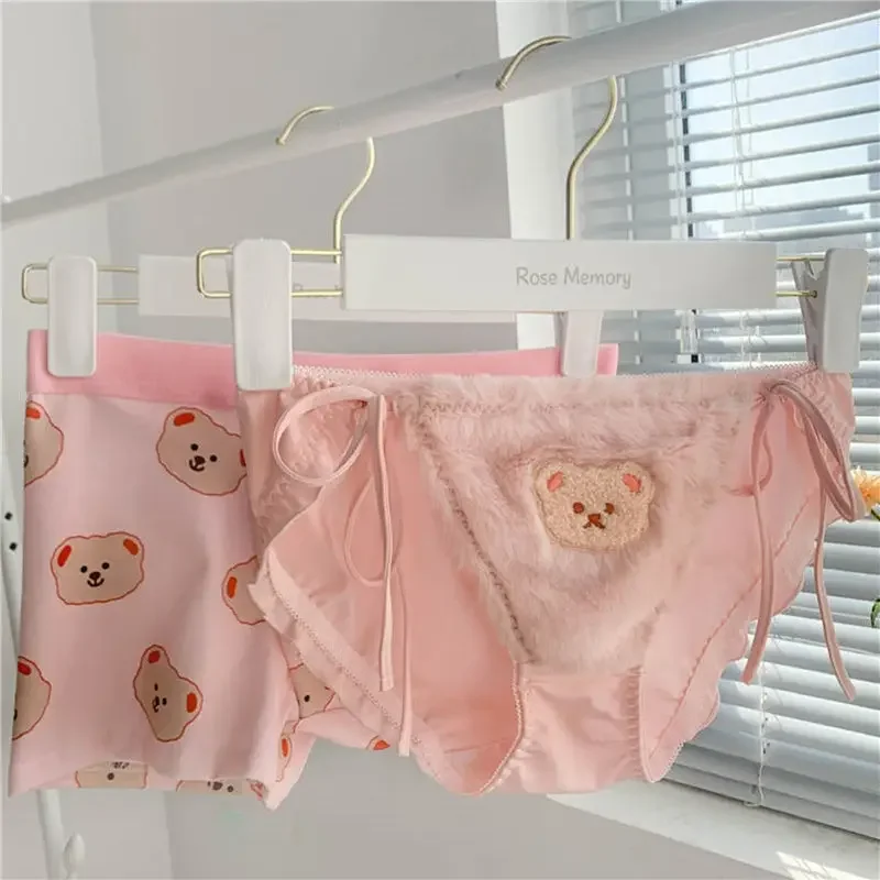 2PCS Couple Underwear Women Men's Boxers Shorts Panties Cartoon Bear Boy Girls Underpants Panties Sexy Plush Bandage Lovers