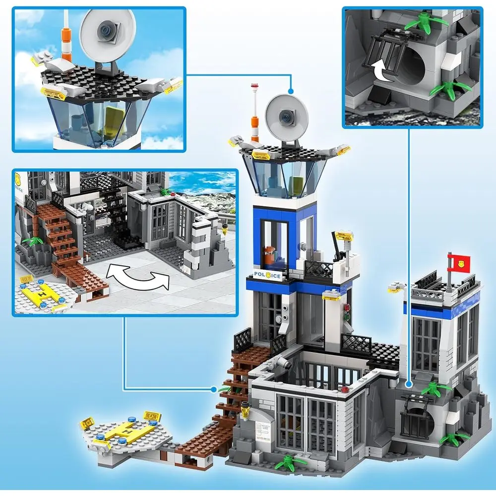 Set da gioco della stazione di polizia con 946 pezzi, inclusi auto, drone, elicottero, barca, ideale dai 6 anni in su