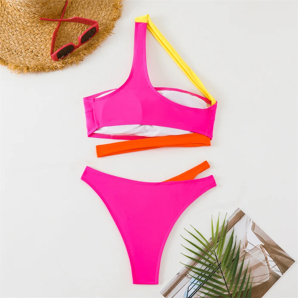 Color Blocked Bikini One Shoulder Bandage Hollow Out Swimsuit Bandeau Swimwears Women 2 Piece Beach Vacation Outfit Bathing Suit