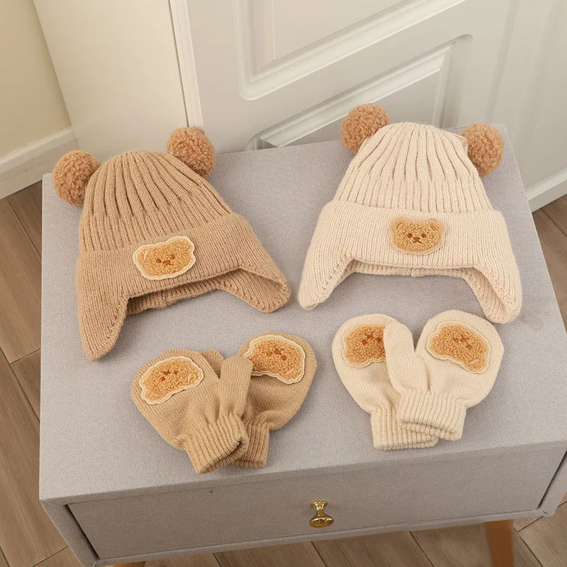 Winter Warm Kids Gloves+Earmuffs Cap Set 1-4year Children Bear Mittens Plush Ball Knitted Ear Protection Hat Baby Woolen Beanies