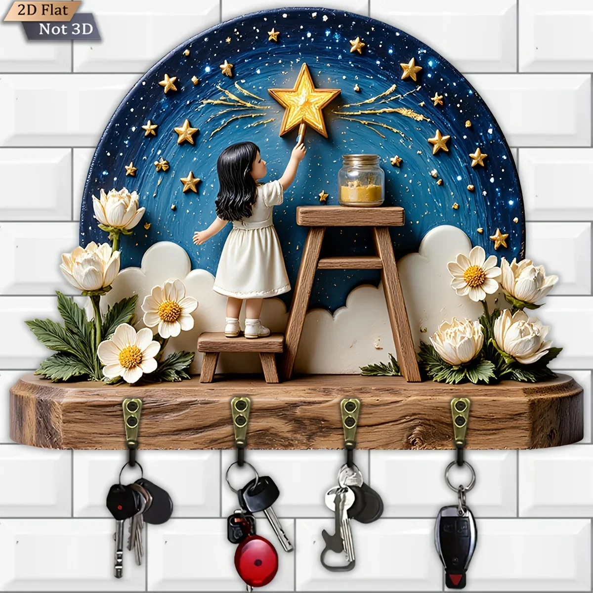 2D Flat, 1pc, Starry Night Star-Picking Flower Border Theme Style Key Hook, Wooden Multifunctional Home Key Rack, with four