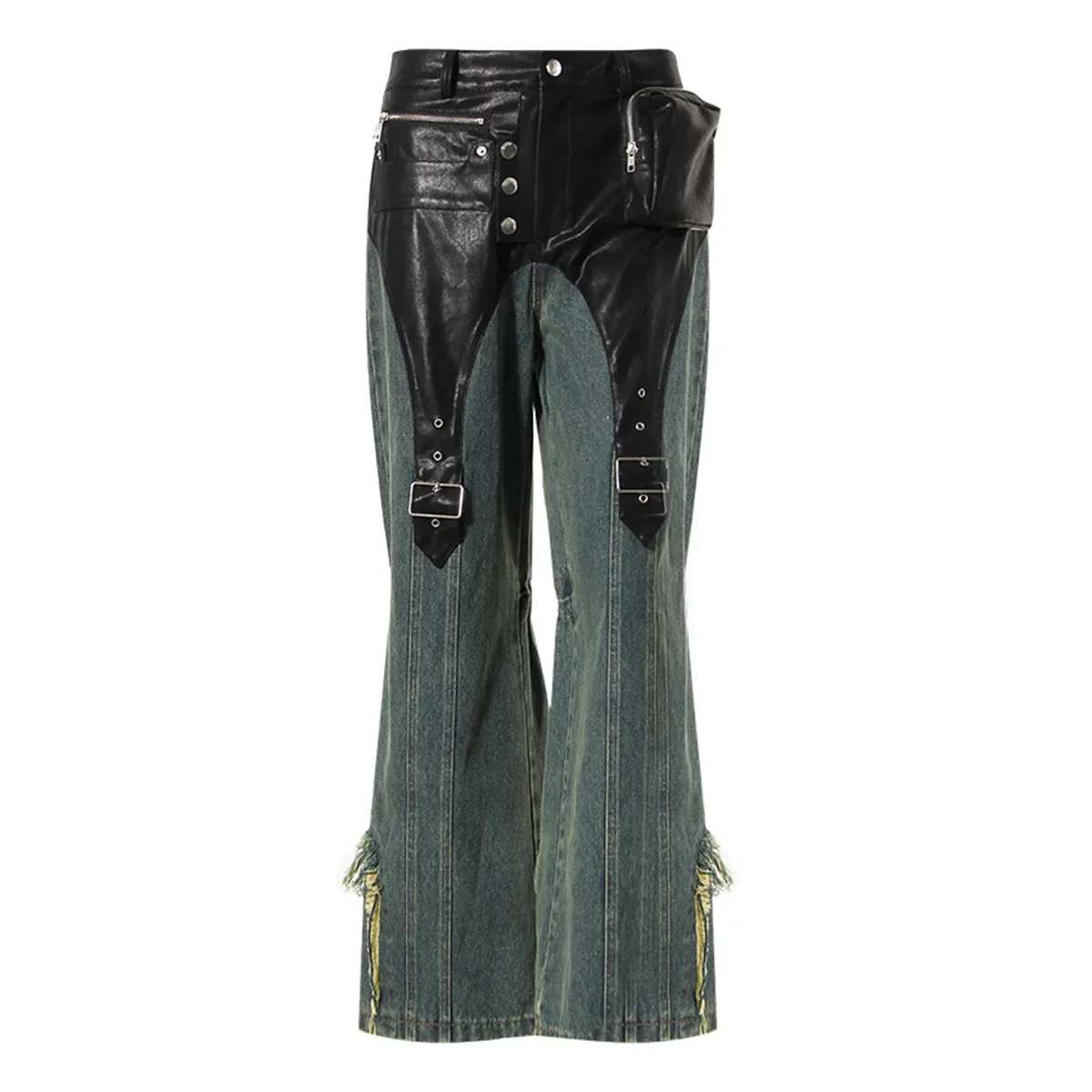 

Denim Blue Women Jeans With PU Leather Female Casual Work Wear Spring Flare Trouser Pants With Pocket
