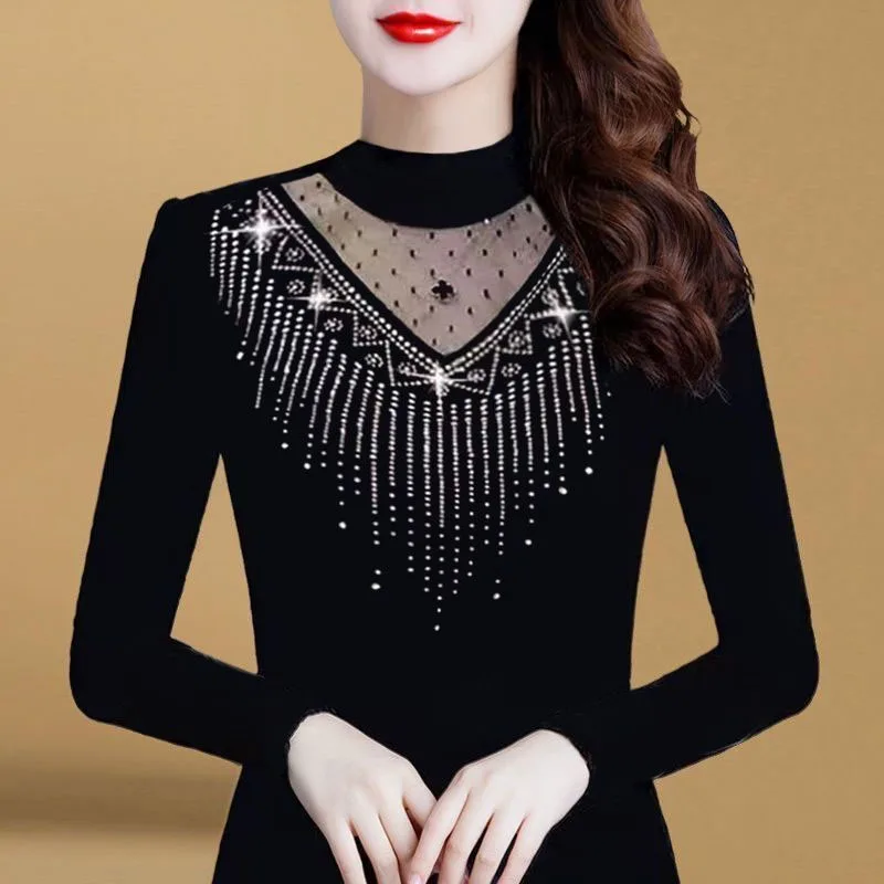 2023 NEW Spring AND Autumn Mesh Hot Diamond Half High Neck Fashion Slightly Transparent Trend Versatile Long Sleeve Women\'s Top