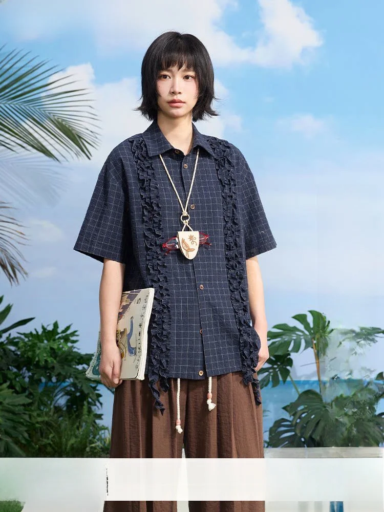 

Casual Early Forest ort Sve Bubble Cotton irt with Lace Hem Plaid Pattern Women's Loose Fit Breathable Summer irt