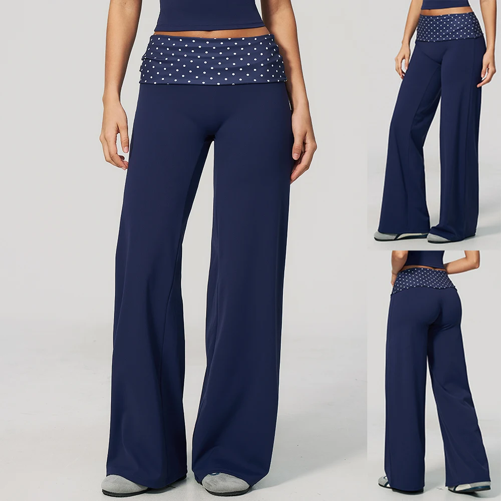 Fold Over Waist Flare Yoga Pants Women Striped Polka Dot Wide Leg Trousers Fitness Running Workout Gym Athletic Push Up Leggings