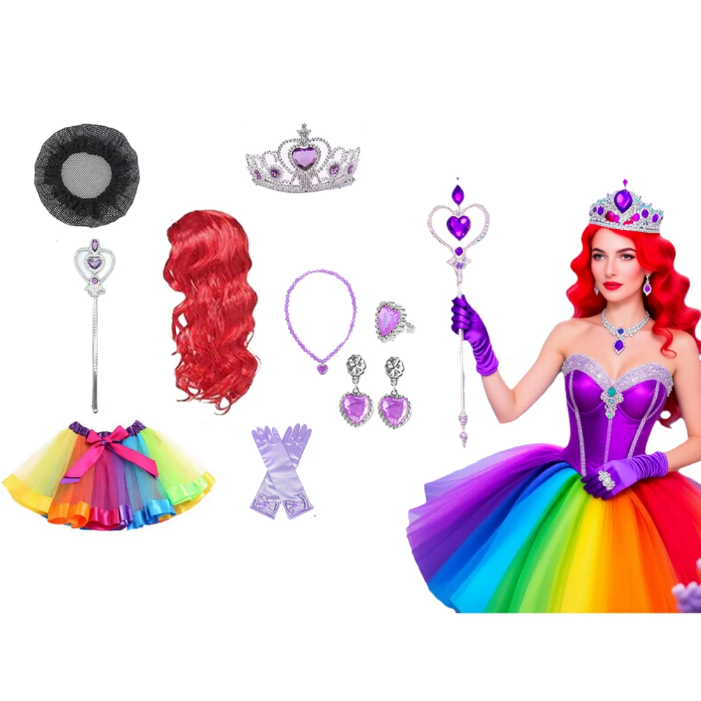 

PESENAR Хэллоуин радужные волшебные костюмы включают платья, головные уборы, палочки, парики и т. д., подходят для вечеринок и ролевых игр.