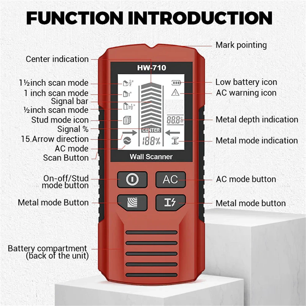 HW-710 متعددة الوظائف وظيفة الكشف عن الخشب المعدني كاشف الجدار لتيار المتناوب المعادن الخشب كشف الأسقف الأرضيات العثور على