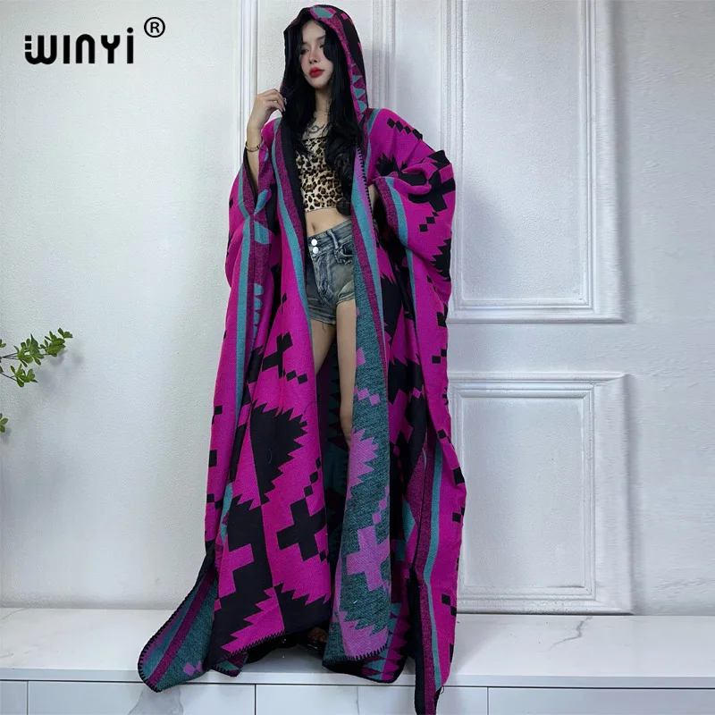 WINYI African Winter coat outfits Women high quality dress Loose autumn Female kaftan poncho dress Hooded mop coat fashion Abaya