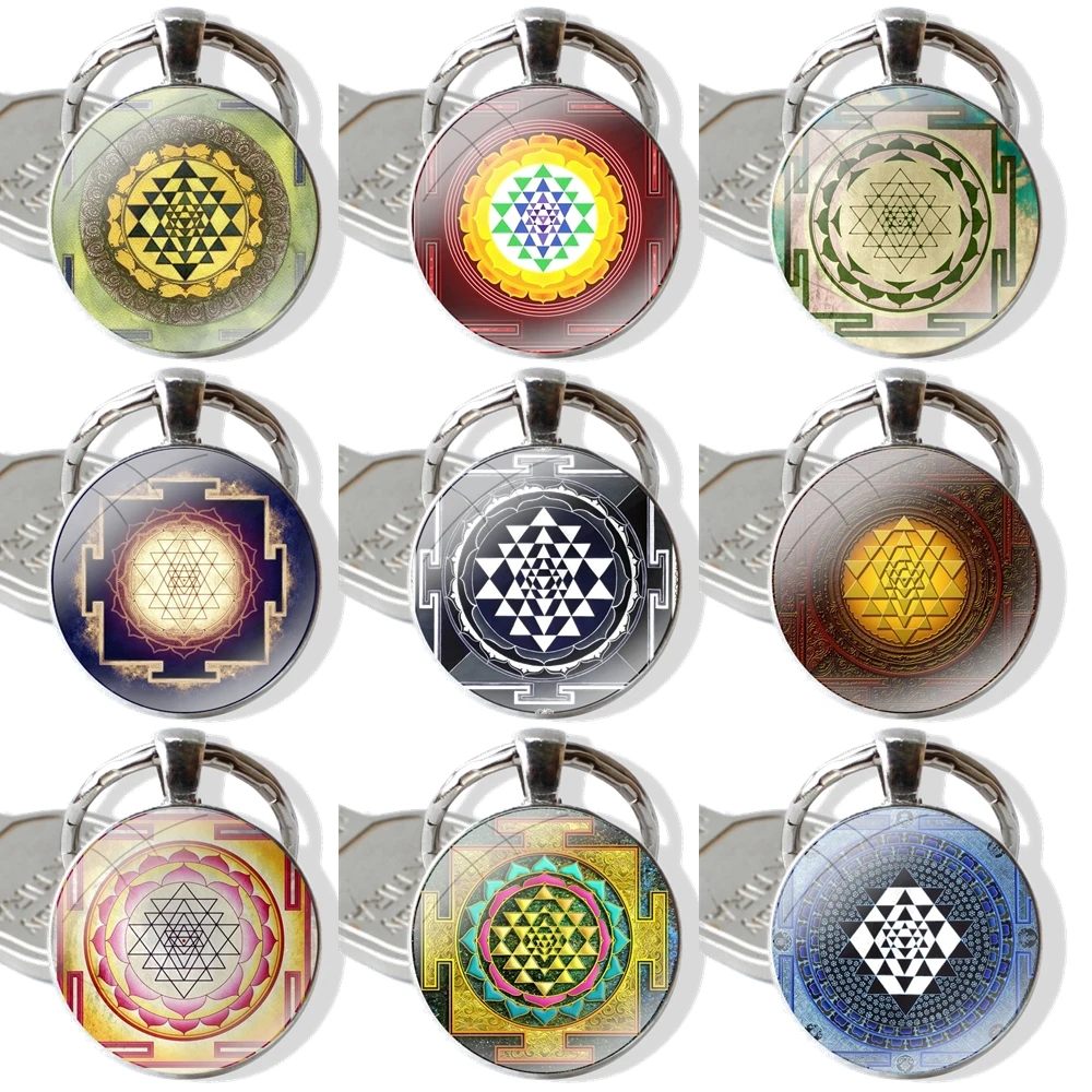 Ancient Sri Yantra Symbol Keychain Handmade Glass Cabochon Key Ring Holder Pendant Key Chains