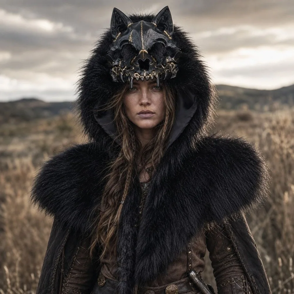 Dress Up Furry Wolf Skull Hood Viking Costume Vintage Shoulder Cloak Medieval Style Headdress Halloween Headgear Cosplay