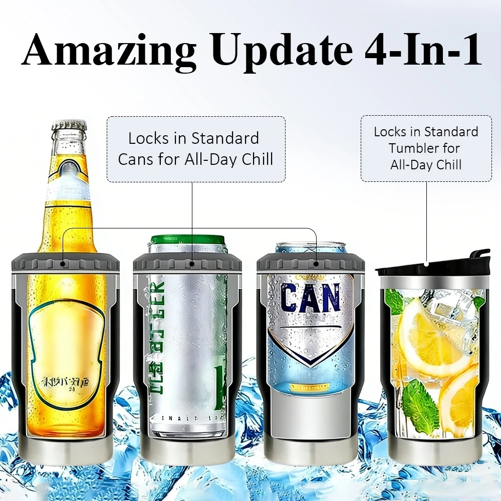Reel Cool Grandpa Vacuum Flasks 4-in-1 Stainless Steel Can Cooler Insulated Beer Soda Coffee Holder Dual Lids Fits 12oz - view 6