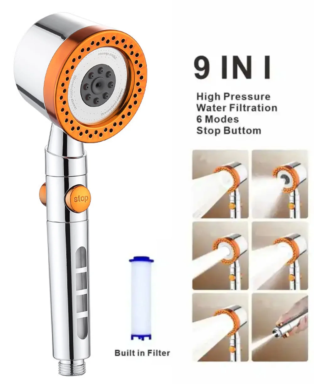 9 IN 1 Large Flow Shower Head With Filter 6 Modes High Pressure Water Saving Massage Portable Shower Faucet Bathroom Accessories