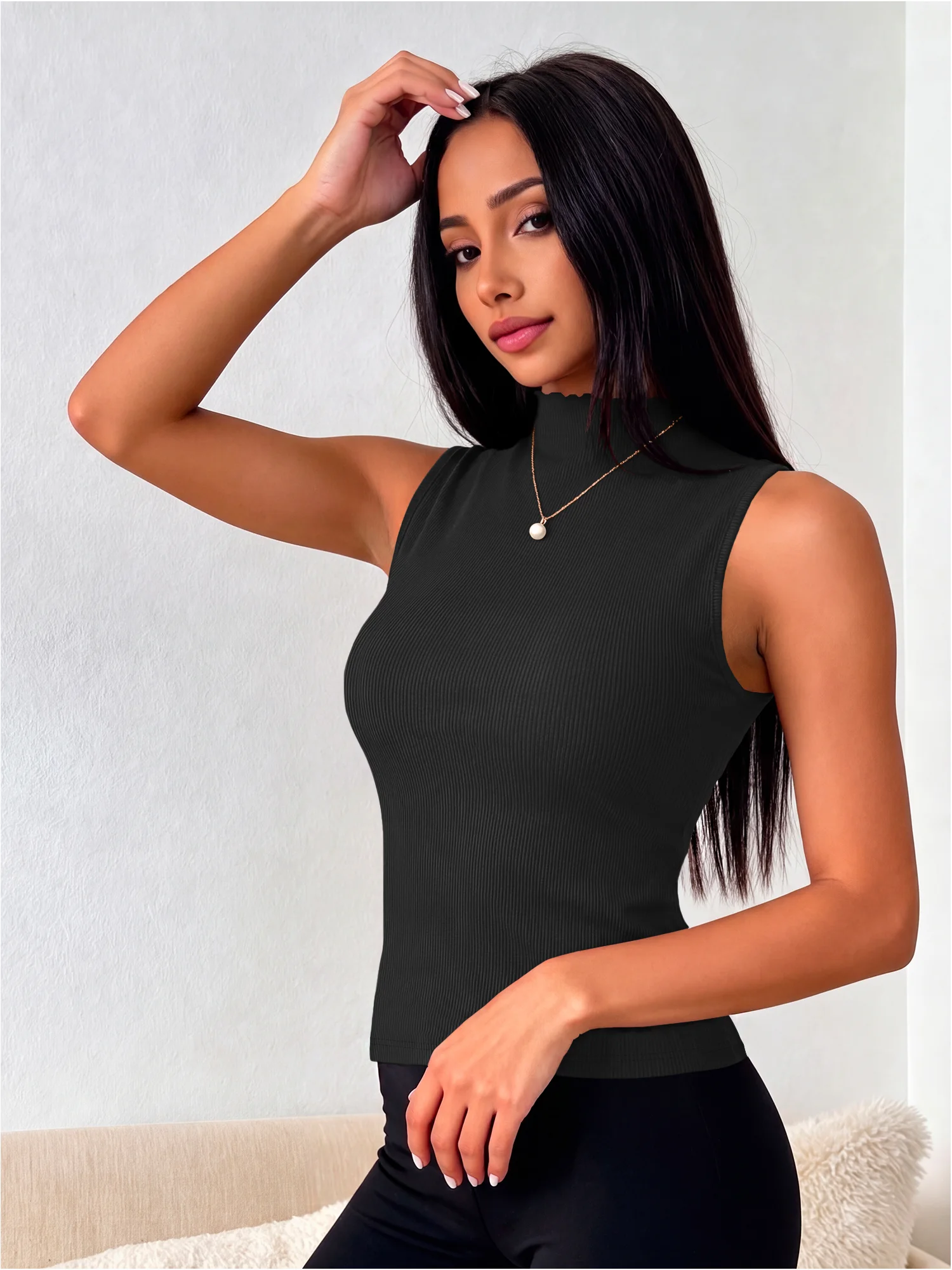 Performance Ribbed Mock Neck Tank, Breathable Sleeveless Shirt for Active Sports Wear