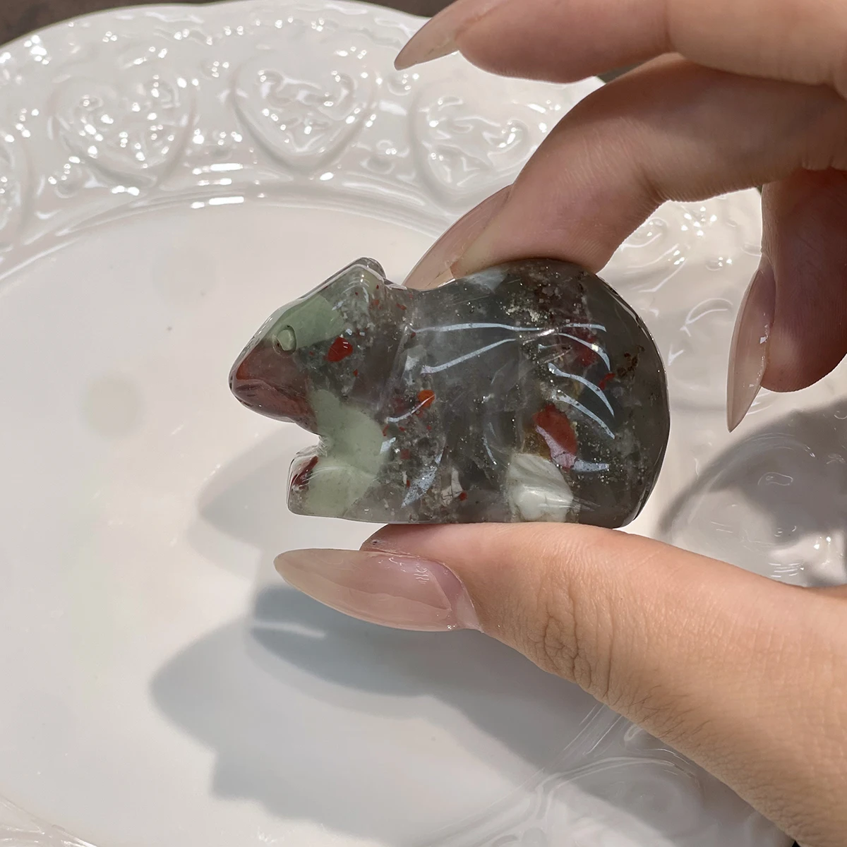 Desk Decoration Natural Semi-Precious Unakite/Opal Rabbit Small Ornament 22x34mm For Desk Nightstand Decoration