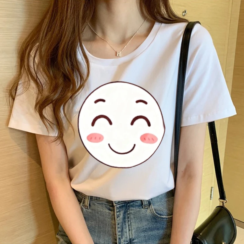 

White Women's Short-sleeved Loose Spring and Summer Pure Color All-match Smiley Pattern Top Clothing All-match