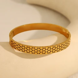 WILD & FREE 18K Gold Plated Stainless Steel Bangle Bracelets for Women Geometric Metal Pattern Tarnish Free Trendy Jewelry
