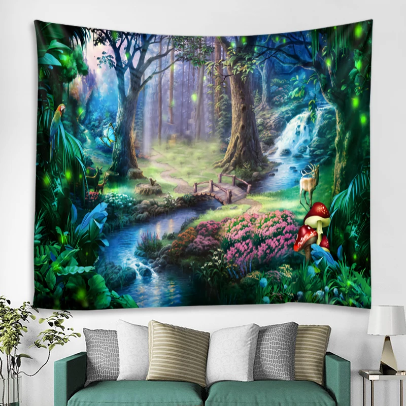 Psychedelic Woods Fairytale Forest Landscape Wall Cloth Tapestry Hippie Wall Hanging Boho Tapestry Mandala Wall Art Home Decor